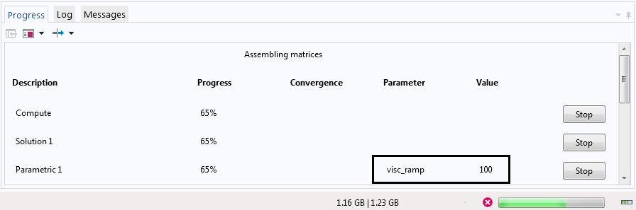 Вкладка Progress зі значенням параметра visc_ramp, рівним 100